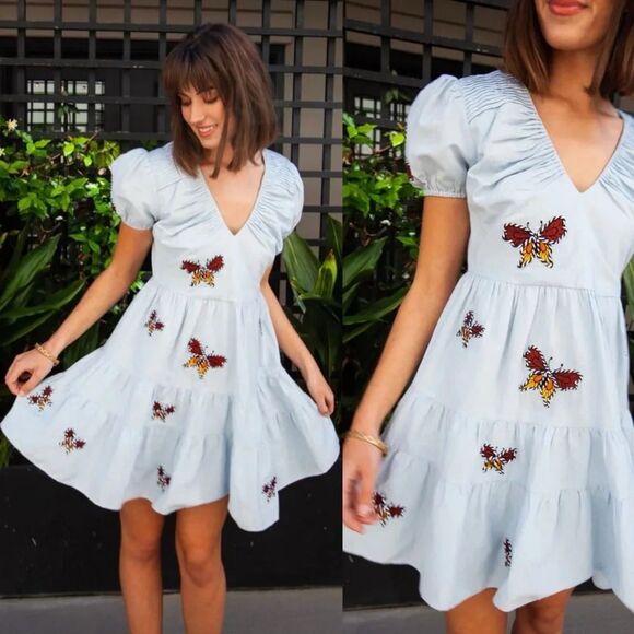 Anna Cate Sloan Blue Linen Butterfly Embroidered Dress Medium Cute Preppy - Picture 1 of 8